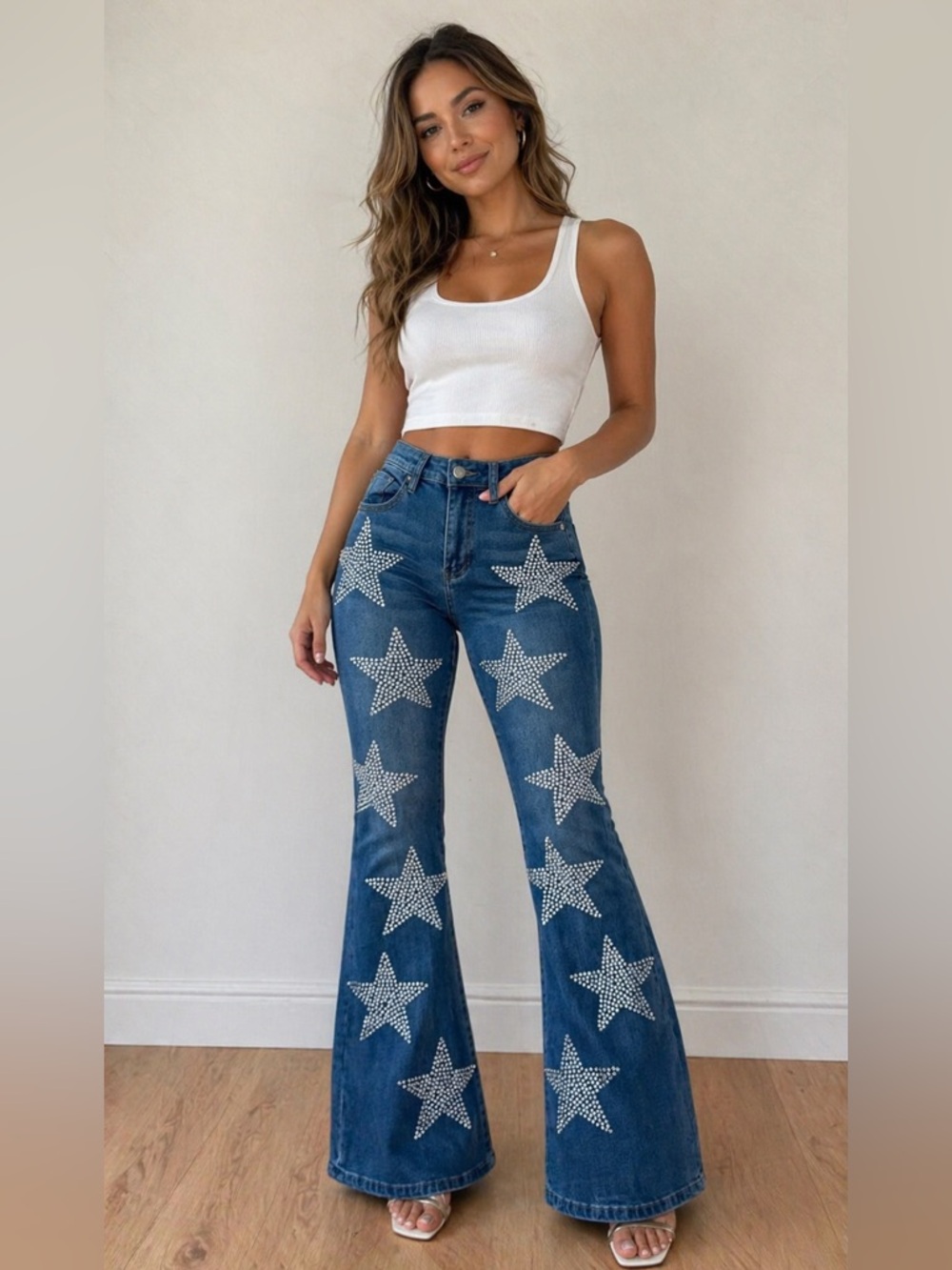 Austin Landing High-Rise Star Embellished Flared Jeans - Blue Sz 5/27